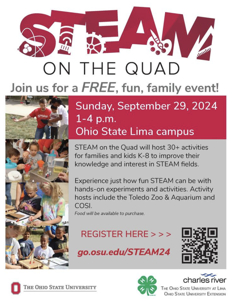 STEAM OSU LIMA Red white and gray flyer with the day's events listed